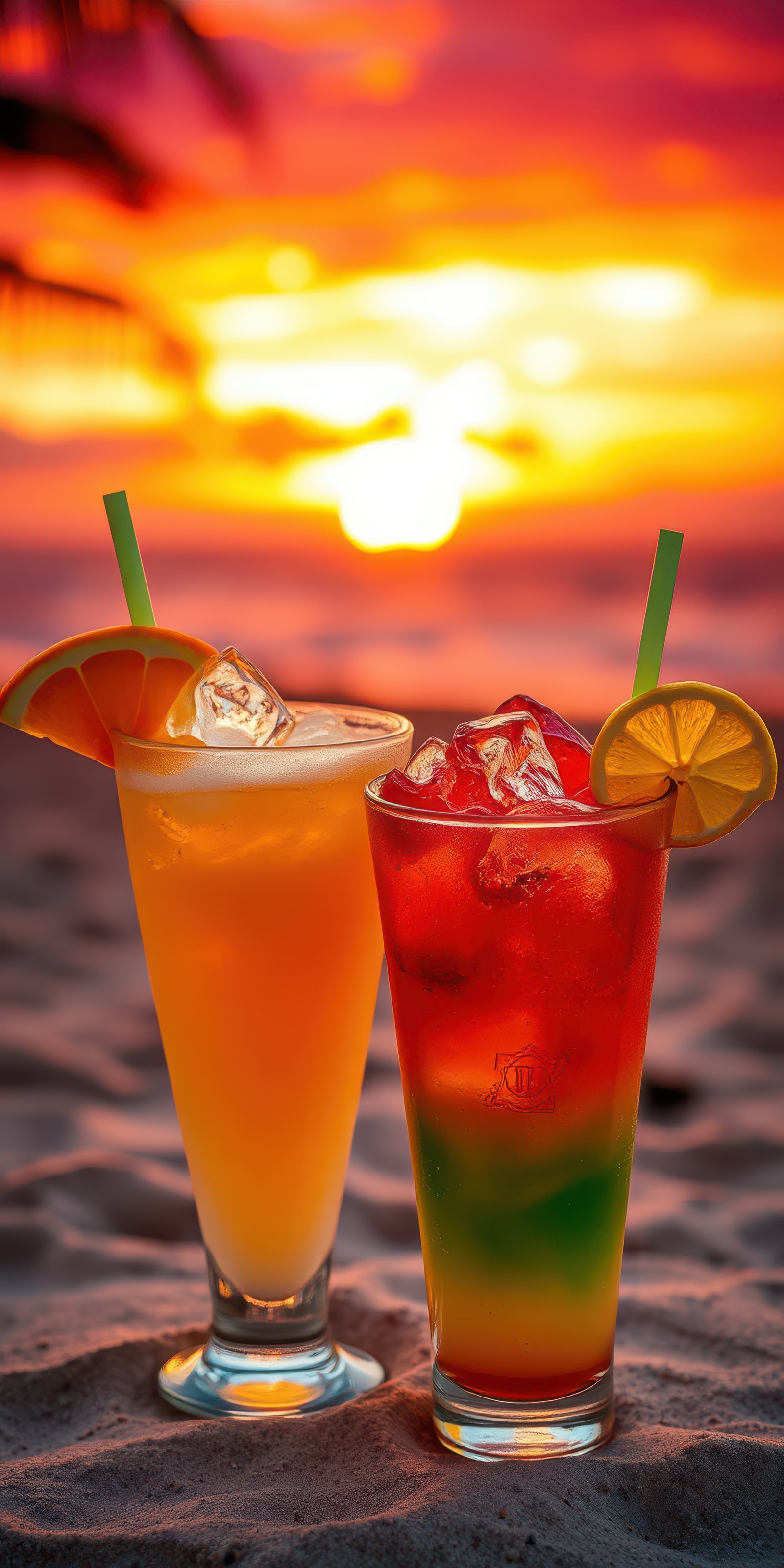 Colorful tropical cocktails at sunset on the beach with silhouettes of palm trees in the background